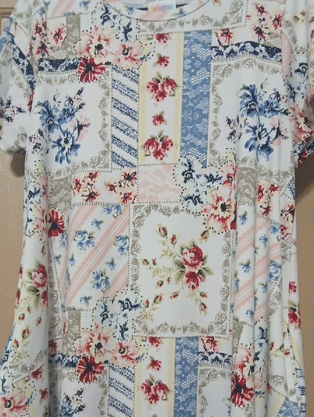LuLaRoe Jesse Cream Floral Patchwork Midi Dress with Blue and Pink Accents - Picture 2 of 5